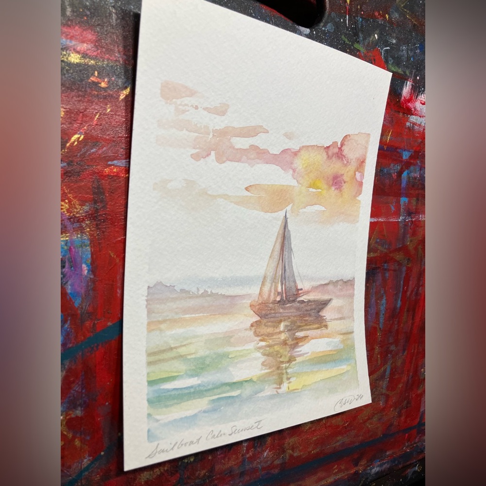 Original sailboat sunset painting schooner art ocean marine nautical handmade - Picture 4 of 8